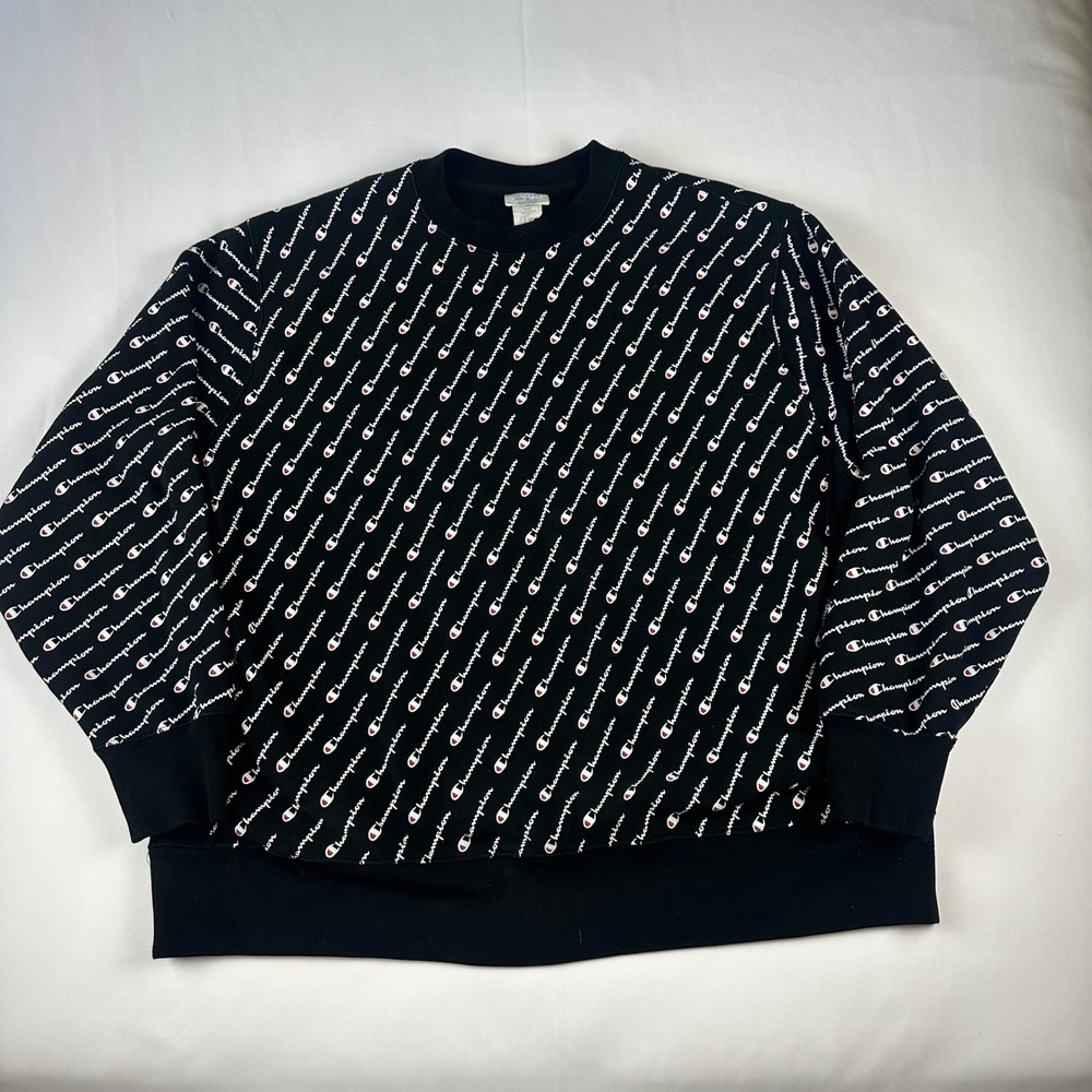 Champion Reverse Weave All Over Logo Print Crewneck Sweatshirt 3X-Large Black
